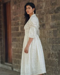 Dried Magnolia Ivory Block Printed Dress - SFD