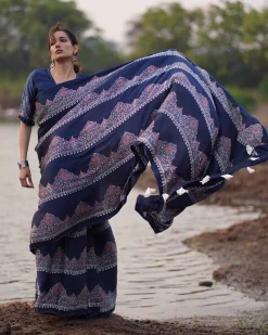 Elishat Blockprinted Modal Silk Saree - Jaisal