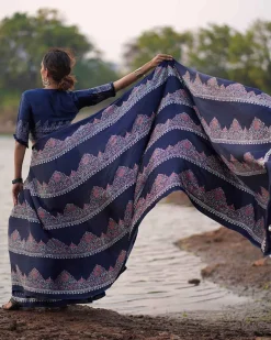Elishat Blockprinted Modal Silk Saree - Jaisal