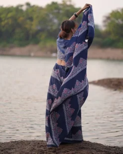 Elishat Blockprinted Modal Silk Saree - Jaisal