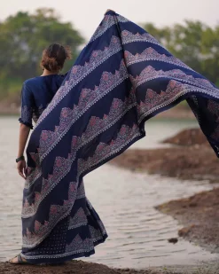Elishat Blockprinted Modal Silk Saree - Jaisal
