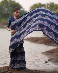 Elishat Blockprinted Modal Silk Saree - Jaisal