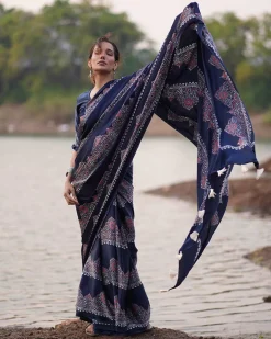 Elishat Blockprinted Modal Silk Saree - Jaisal
