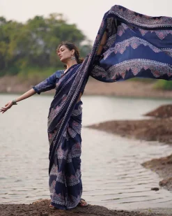Elishat Blockprinted Modal Silk Saree - Jaisal