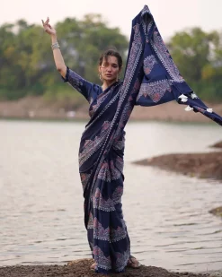 Elishat Blockprinted Modal Silk Saree - Jaisal