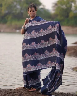 Elishat Blockprinted Modal Silk Saree - Jaisal
