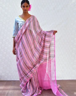 Evening Rose Handwoven Linen Zari Saree - Bgvl