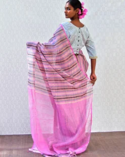 Evening Rose Handwoven Linen Zari Saree - Bgvl
