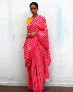 Firelight Pink Handprinted Cotton Sarees
