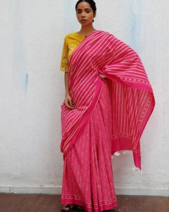 Firelight Pink Handprinted Cotton Sarees