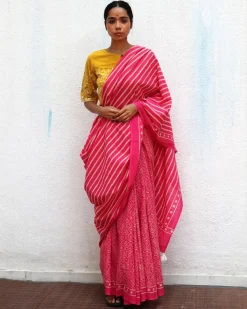 Firelight Pink Handprinted Cotton Sarees