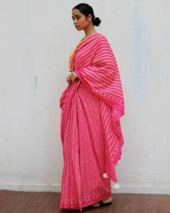 Firelight Pink Handprinted Cotton Sarees