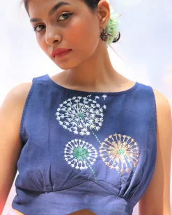 Flora Blue Dandelion Sleeveless Hand-Embroidered Handwoven Cotton Blouse - Fos