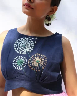 Flora Blue Dandelion Sleeveless Hand-Embroidered Handwoven Cotton Blouse - Fos