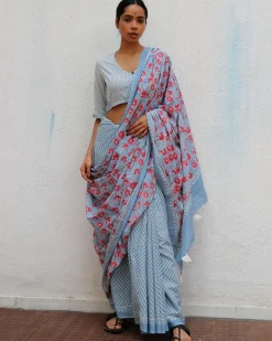 Folk Flowers Handprinted Cotton Sarees