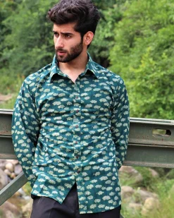 Forest Green Block Printed Cotton Shirt