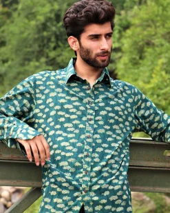 Forest Green Block Printed Cotton Shirt