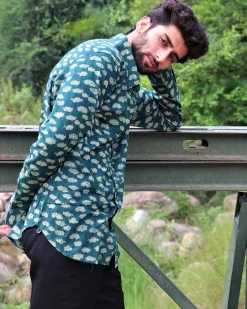 Forest Green Block Printed Cotton Shirt