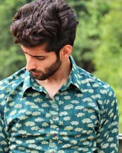 Forest Green Block Printed Cotton Shirt