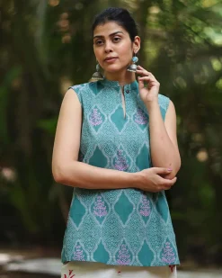 Frangipani’s Freshness Teal Green Block Printed Top - MMG