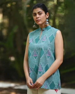 Frangipani’s Freshness Teal Green Block Printed Top - MMG