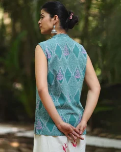 Frangipani’s Freshness Teal Green Block Printed Top - MMG