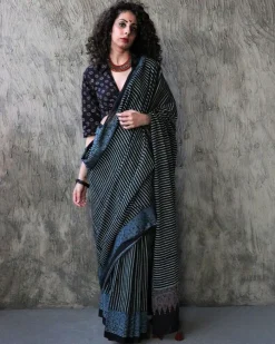 Gazal Handblockprinted Cotton Saree - Kohl