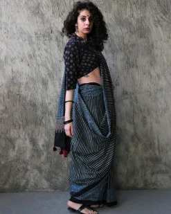 Gazal Handblockprinted Cotton Saree - Kohl