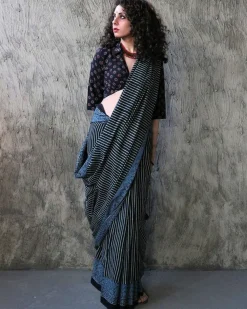 Gazal Handblockprinted Cotton Saree - Kohl