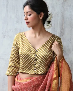 Gold Blockprint Mashru Silk Blouse - Anant