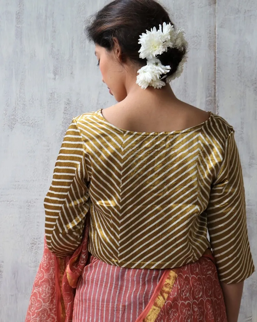 Gold Blockprint Mashru Silk Blouse - Anant