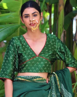 Green Blockprinted Mashru Silk Blouse-Chand Se