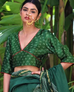 Green Blockprinted Mashru Silk Blouse-Chand Se