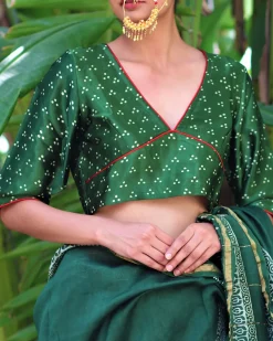 Green Blockprinted Mashru Silk Blouse-Chand Se
