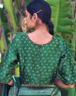 Green Blockprinted Mashru Silk Blouse-Chand Se