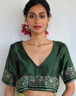 Green Blockprinted Mashru Silk Blouse