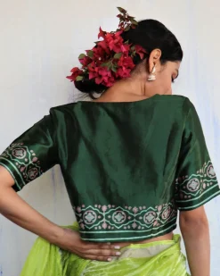Green Blockprinted Mashru Silk Blouse