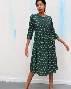 Green Blossom Block Printed Cotton Slit Dress - For