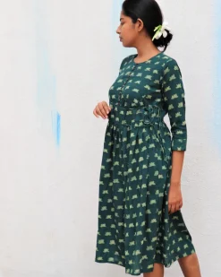 Green Blossom Block Printed Cotton Slit Dress - For