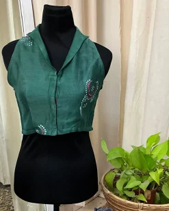 Green Handblock Printed Chanderi Silk Blouse - Love Despite