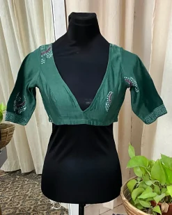 Green Handblock Printed Chanderi Silk Blouse - Love Despite