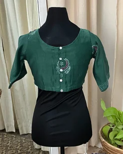 Green Handblock Printed Chanderi Silk Blouse - Love Despite