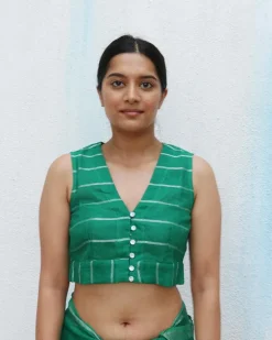 Green Handwoven Linen Zari Blouse - Everyday Beautiful