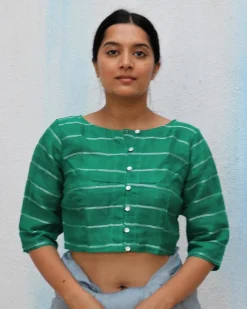 Green Handwoven Linen Zari Blouse - Everyday Beautiful