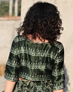 Green Line Crop Top Blouse In Mashru Silk