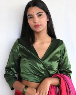 Green Tie-Up Mashru Silk Blouse-Sahar