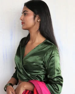 Green Tie-Up Mashru Silk Blouse-Sahar