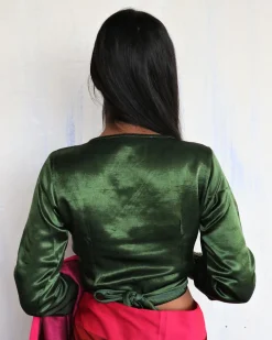 Green Tie-Up Mashru Silk Blouse-Sahar