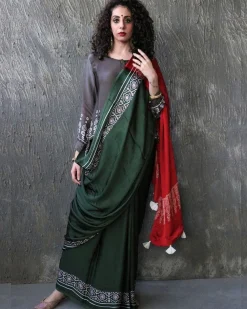 Green-Red Blockprinted Modal Silk Saree