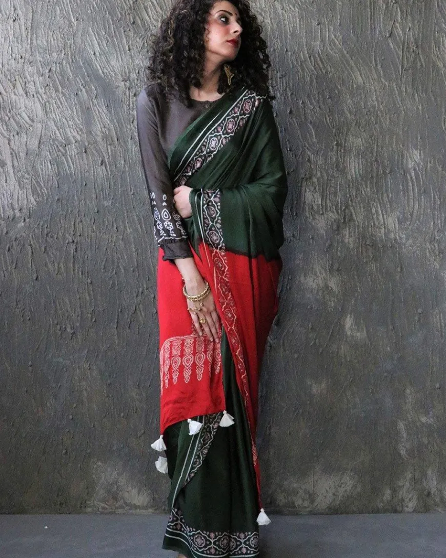 Green-Red Blockprinted Modal Silk Saree